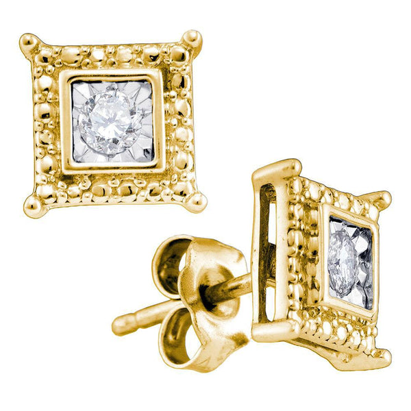Yellow-tone Sterling Silver Round Diamond Solitaire Square Stud Earrings