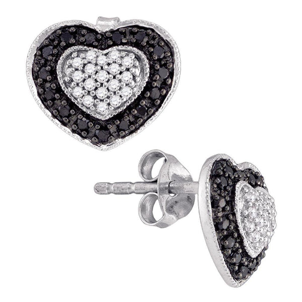 10K White Gold Black Color Enhanced Round Diamond Heart Cluster Screwback Stud Earrings 1/2 Cttw - Gold Americas