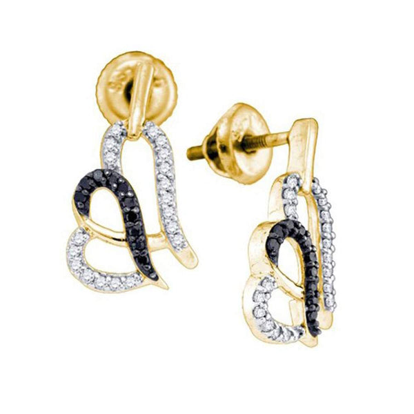 10K Yellow Gold Round Black Color Enhanced Diamond Heart Stud Earrings 1/3 Cttw