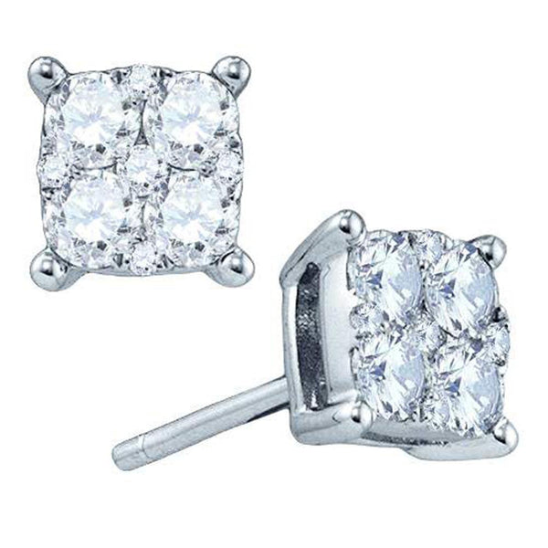 18K White Gold Round Diamond Square Cluster Screwback Earrings 1-1/2 Cttw - Gold Americas
