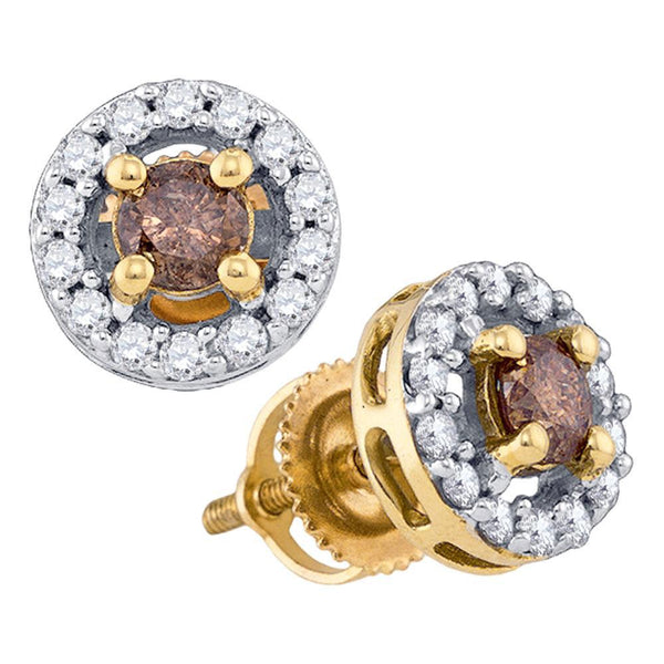 10k Yellow Gold Cognac-brown Color Enhanced Round Diamond Screwback Stud Earrings 3/4 Cttw