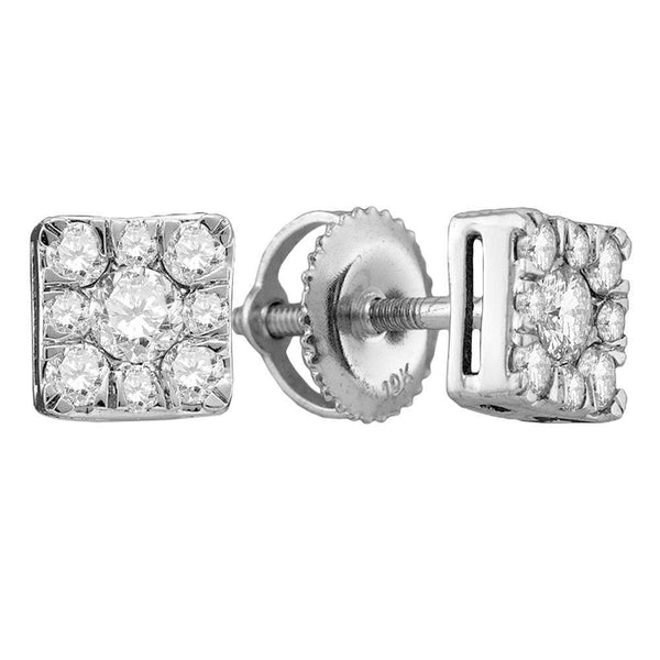 10K White Gold Round Diamond Square Cluster Stud Earrings 1/2 Cttw - Gold Americas