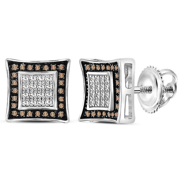 Sterling Silver Mens Round Brown Color Enhanced Diamond Square Stud Earrings 1/20 Cttw - Gold Americas