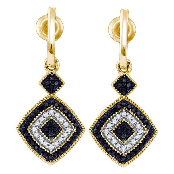 10K Yellow Gold Round Black Color Enhanced Diamond Concentric Square Dangle Earrings 1/3 Cttw - Gold Americas
