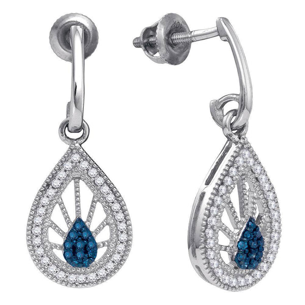 10K White Gold Round Blue Color Enhanced Diamond Teardrop Screwback Earrings 1/4 Cttw - Gold Americas