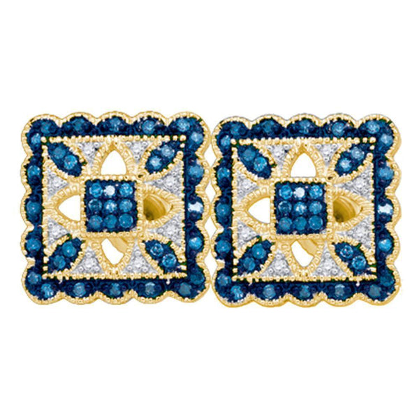 10K Yellow Gold Round Blue Color Enhanced Diamond Square Cluster Earrings 1/4 Cttw - Gold Americas