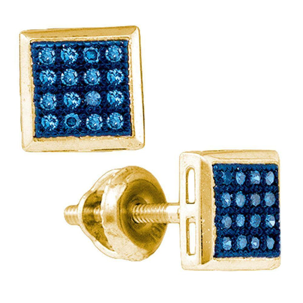 10k Yellow Gold Blue Color Enhanced Diamond Square Cluster Screwback Stud Earrings 1/10 Cttw - Gold Americas