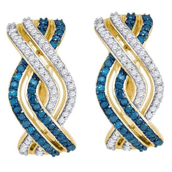 10K Yellow Gold Round Blue Color Enhanced Diamond Entwined Woven Stripe Hoop Earrings 5/8 Cttw - Gold Americas