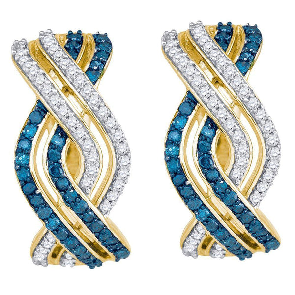 10K Yellow Gold Round Blue Color Enhanced Diamond Entwined Woven Stripe Hoop Earrings 5/8 Cttw - Gold Americas