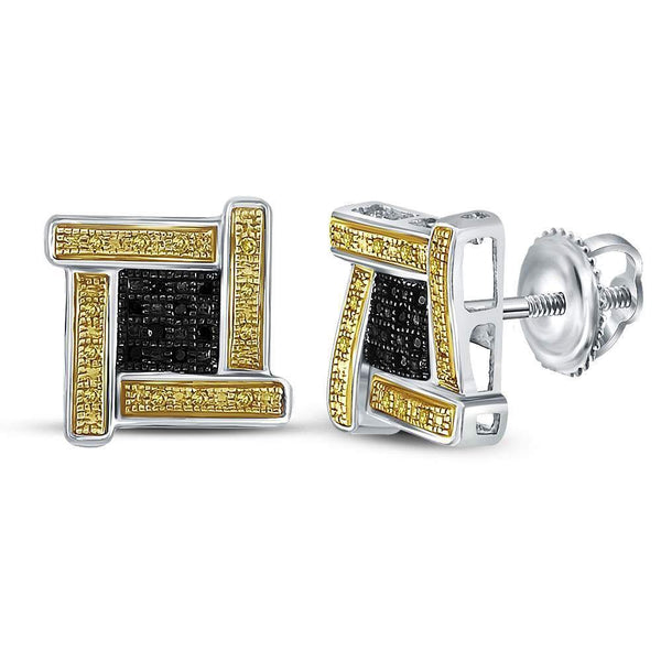 Sterling Silver Mens Round Yellow Black Color Enhanced Diamond Cluster Earrings 1/6 Cttw - Gold Americas