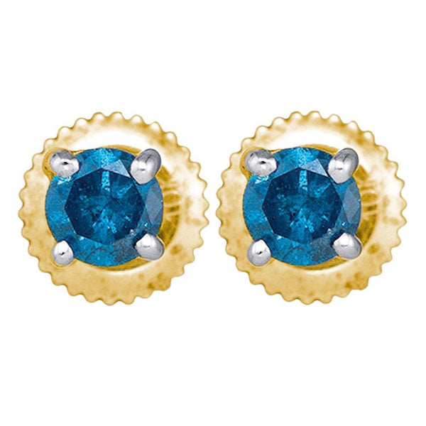 10K Yellow Gold Round Blue Color Enhanced Diamond Solitaire Stud Earrings 1/4 Cttw