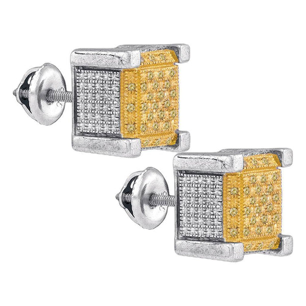 Sterling Silver Mens Round Yellow Color Enhanced Diamond 3D Cube Stud Earrings 1/5 Cttw - Gold Americas