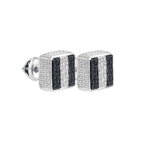 Sterling Silver Black Color Enhanced Round Pave-set Diamond Mens Square Screwback Stud Earrings - Gold Americas