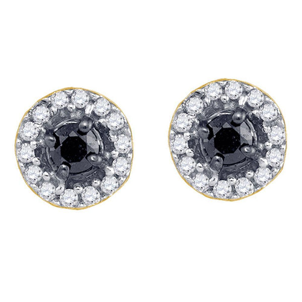 10K Yellow Gold Round Black Color Enhanced Diamond Stud Screwback Earrings 1/5 Cttw