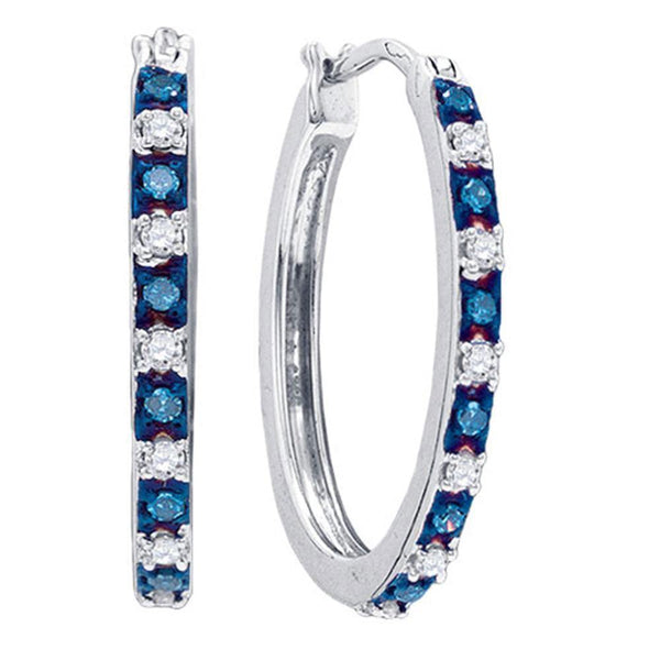 Sterling Silver Round Blue Color Enhanced Diamond Hoop Earrings 1/4 Cttw - Gold Americas
