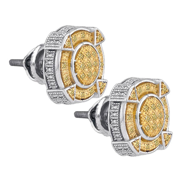 Sterling Silver Mens Round Yellow Color Enhanced Diamond Cluster Earrings 1/8 Cttw - Gold Americas