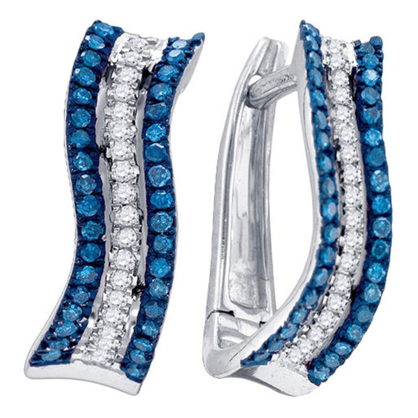 10K White Gold Round Blue Color Enhanced Diamond Striped Hoop Earrings 1/4 Cttw - Gold Americas