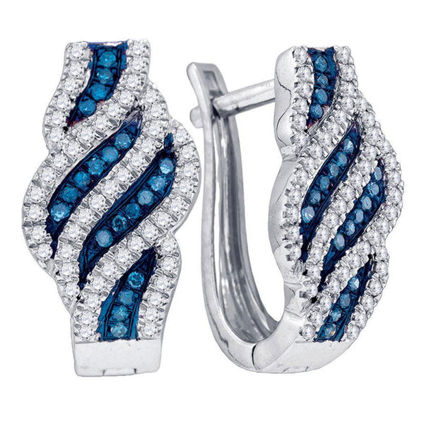 10K White Gold Round Blue Color Enhanced Diamond Spiral Stripe Hoop Earrings 1/3 Cttw - Gold Americas