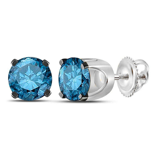 10K White Gold Round Blue Color Enhanced Diamond Solitaire Stud Earrings 1.00 Cttw - Gold Americas