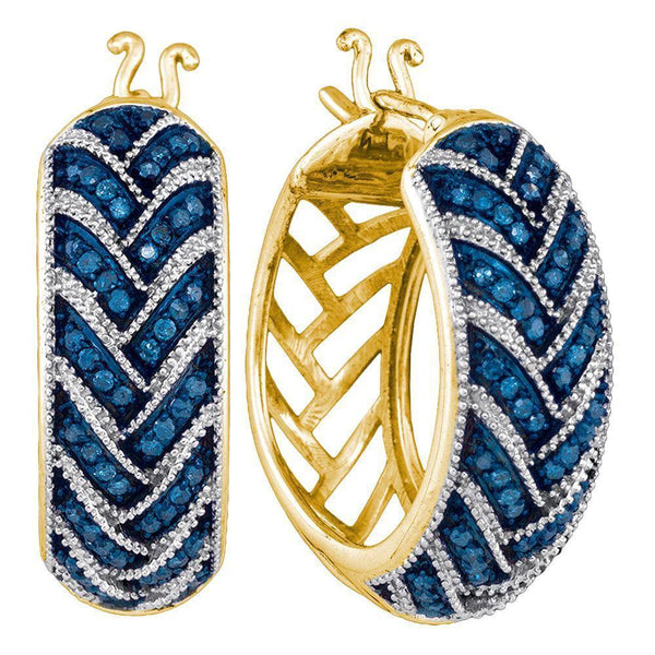 10K Yellow Gold Round Blue Color Enhanced Diamond Milgrain Hoop Earrings 1/3 Cttw - Gold Americas