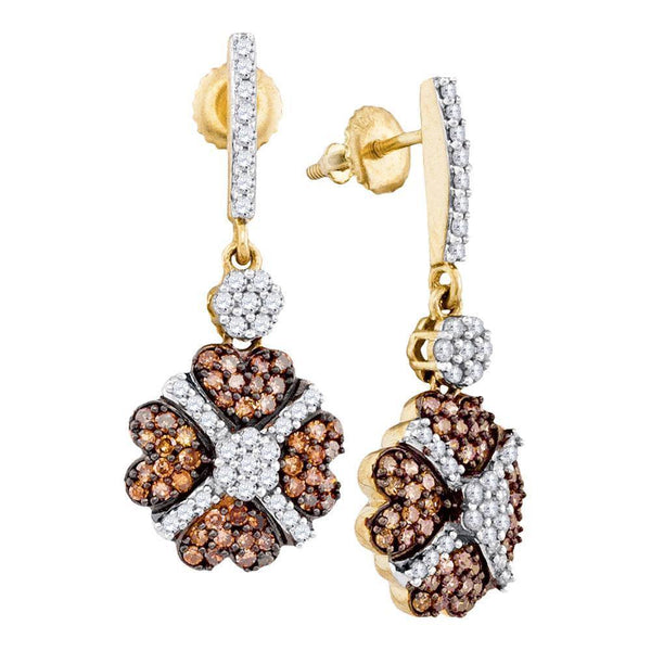10K Yellow Gold Round Cognac-brown Color Enhanced Diamond Cluster Dangle Screwback Earrings 1.00 Cttw - Gold Americas
