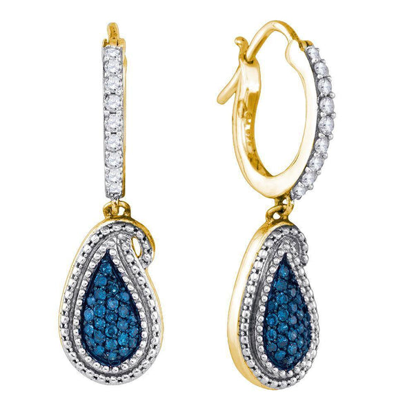 10K Yellow Gold Round Blue Color Enhanced Diamond Teardrop Cluster Dangle Earrings 1/2 Cttw - Gold Americas