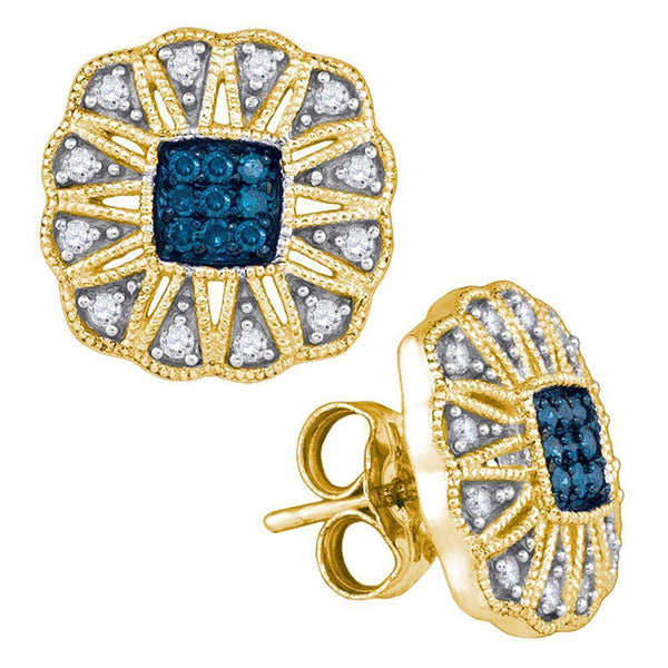 10K Yellow Gold Round Blue Color Enhanced Diamond Square Starburst Cluster Earrings 1/4 Cttw - Gold Americas