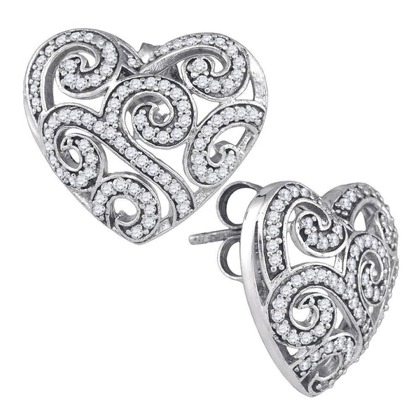 10k White Gold Round Pave-set Diamond Hearts Screwback Stud Earrings 1/2 Cttw
