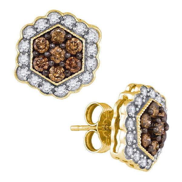 10K Yellow Gold Round Cognac-brown Color Enhanced Diamond Hexagon Flower Cluster Earrings 7/8 Cttw - Gold Americas