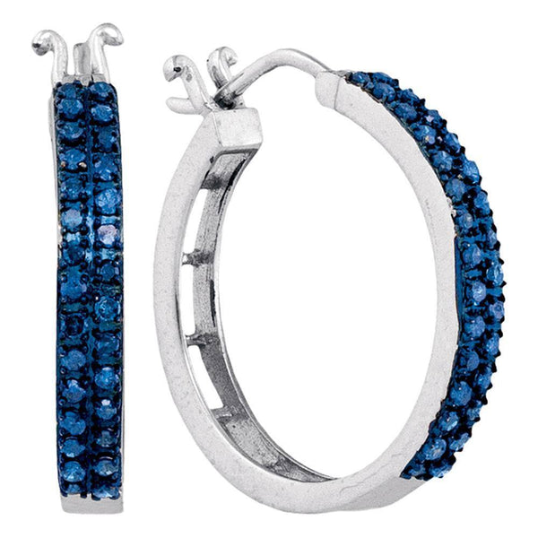 10K White Gold Round Blue Color Enhanced Diamond Double Row Hoop Earrings 1/2 Cttw - Gold Americas