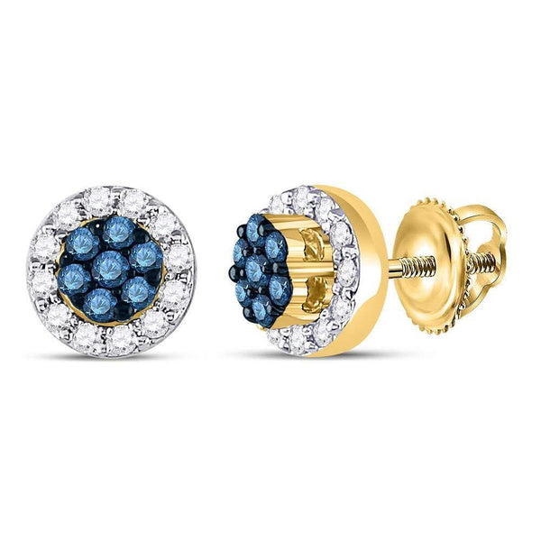 10K Yellow Gold Round Blue Color Enhanced Diamond Flower Cluster Earrings 1/2 Cttw - Gold Americas