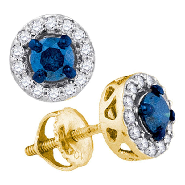 10K Yellow Gold Round Blue Color Enhanced Diamond Solitaire Stud Earrings 1/2 Cttw