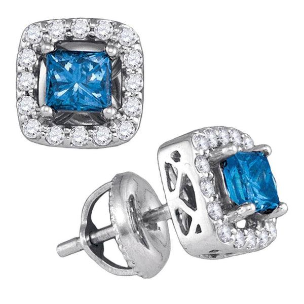 10K White Gold Princess Blue Color Enhanced Diamond Solitaire Square Stud Earrings 3/4 Cttw - Gold Americas