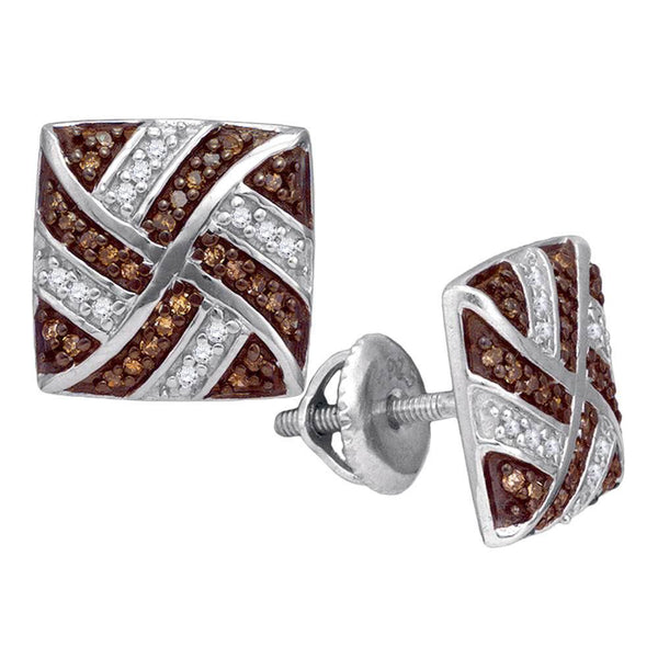 10K White Gold Round Cognac-brown Color Enhanced Diamond Square Pinwheel Earrings 1/4 Cttw