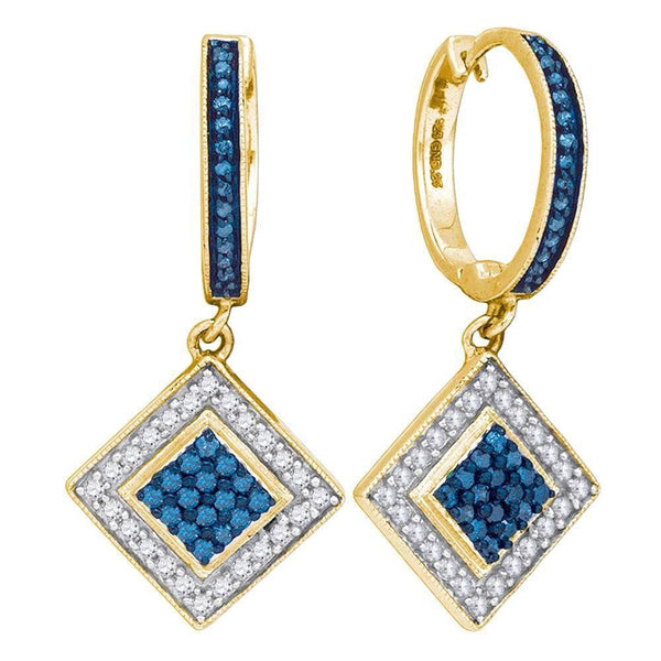 10K Yellow Gold Round Blue Color Enhanced Diamond Square Dangle Earrings 1/2 Cttw - Gold Americas