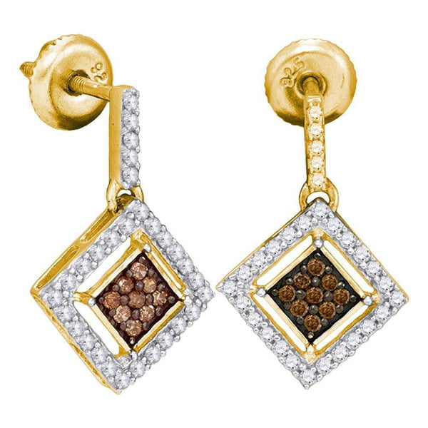 10K Yellow Gold Round Cognac-brown Color Enhanced Diamond Square Dangle Earrings 1/2 Cttw - Gold Americas