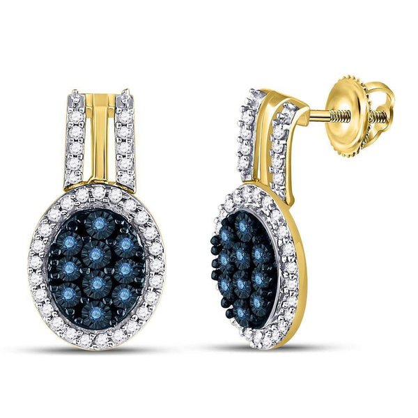 10K Yellow Gold Color Enhanced Blue Diamond Oval Cluster Earrings 3/4 Cttw - Gold Americas