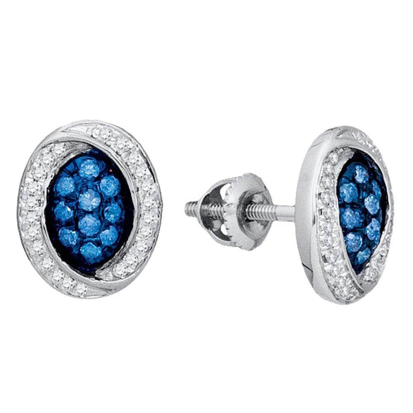 10K White Gold Round Blue Color Enhanced Diamond Oval Cluster Earrings 1/3 Cttw - Gold Americas