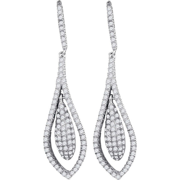 14K White Gold Round Diamond Oblong Oval Dangle Earrings 1-1/3 Cttw - Gold Americas