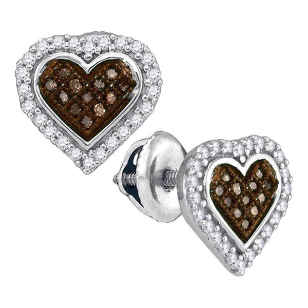 10K White Gold Round Cognac-brown Color Enhanced Diamond Heart Cluster Earrings 1/4 Cttw - Gold Americas