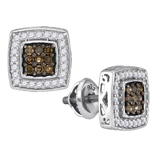 10K White Gold Round Brown Color Enhanced Diamond Square Cluster Earrings 1/2 Cttw - Gold Americas