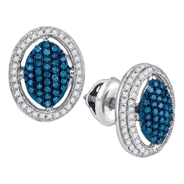 10K White Gold Round Blue Color Enhanced Diamond Oval Frame Cluster Earrings 1/2 Cttw - Gold Americas