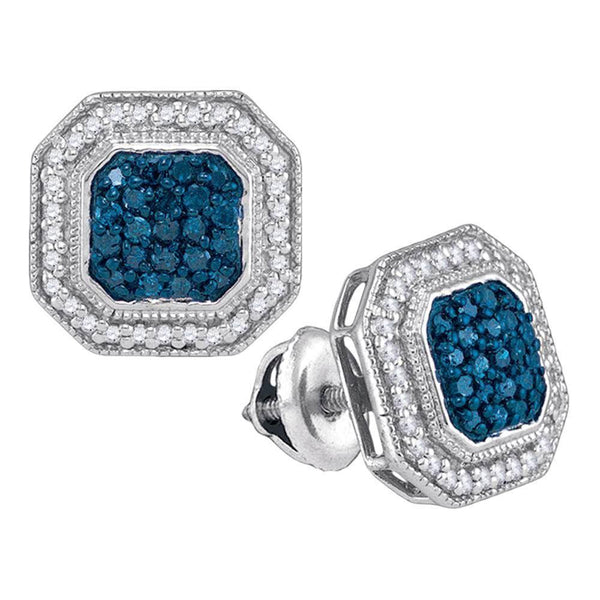 10K White Gold Round Blue Color Enhanced Diamond Octagon Frame Cluster Earrings 1/2 Cttw - Gold Americas