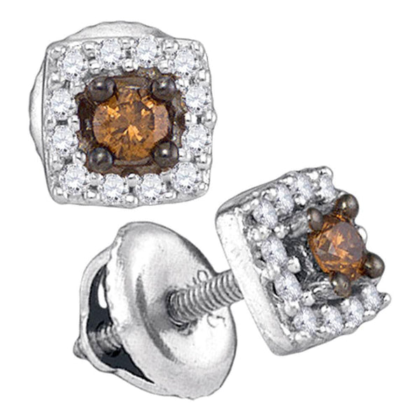 10K White Gold Round Brown Color Enhanced Diamond Square Stud Earrings 1/4 Cttw