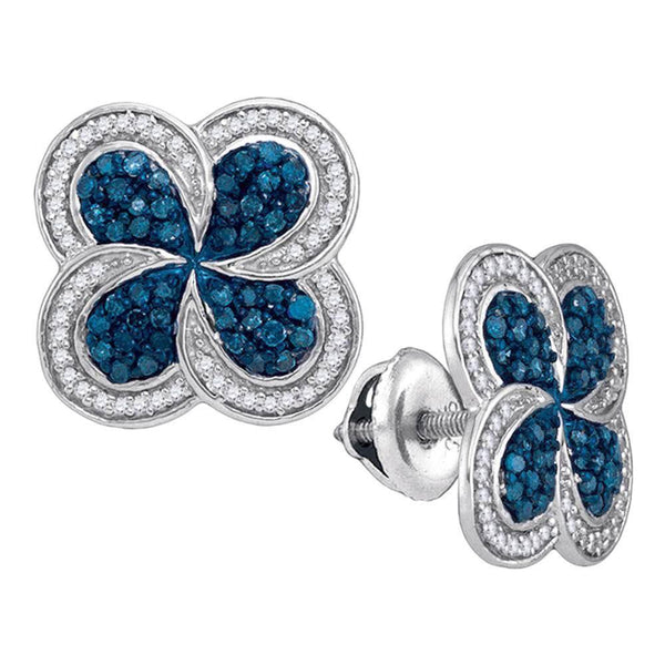 10K White Gold Round Blue Color Enhanced Diamond Pinwheel Cluster Earrings 1/2 Cttw - Gold Americas