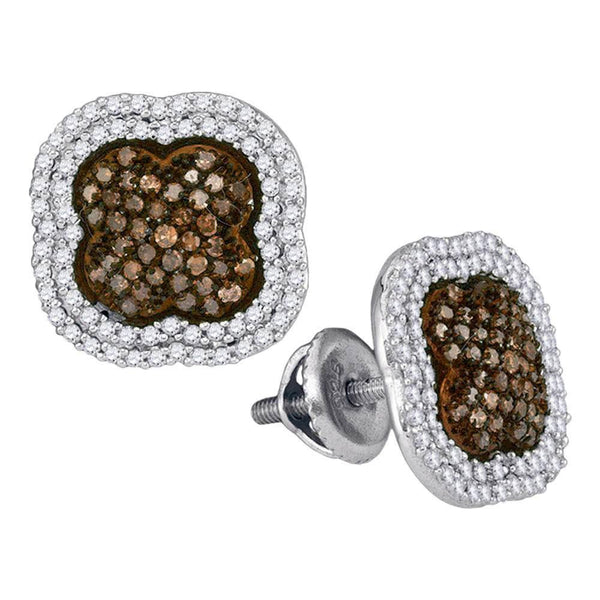 10K White Gold Round Brown Color Enhanced Diamond Quatrefoil Cluster Earrings 3/4 Cttw - Gold Americas