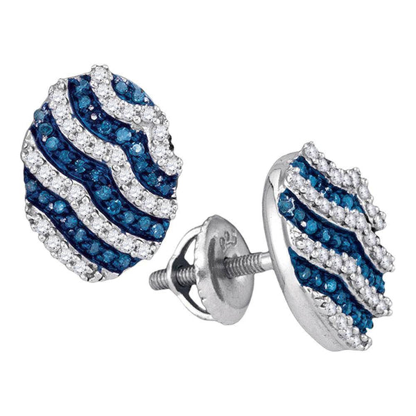 10K White Gold Round Blue Color Enhanced Diamond Oval Stripe Cluster Earrings 1/2 Cttw - Gold Americas