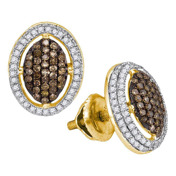 10K Yellow Gold Round Cognac-brown Color Enhanced Diamond Oval Cluster Earrings 1/2 Cttw - Gold Americas