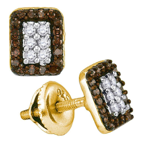 10K Yellow Gold Round Brown Color Enhanced Diamond Rectangle Cluster Earrings 1/3 Cttw - Gold Americas