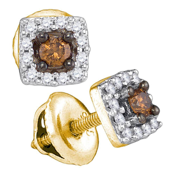 10K Yellow Gold Round Brown Color Enhanced Diamond Square Stud Earrings 1/4 Cttw